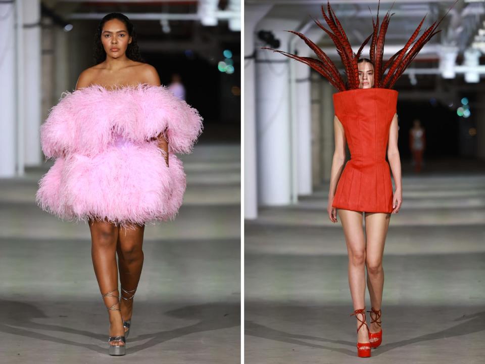 Models wearing feather looks at Christian Cowan's Fall/Winter 2023 show.