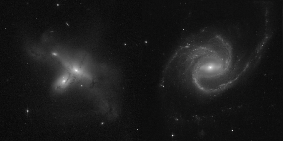 Hubble's first images after a mysterious glitch show a pair of colliding galaxies on the left and a large spiral galaxy on the right.