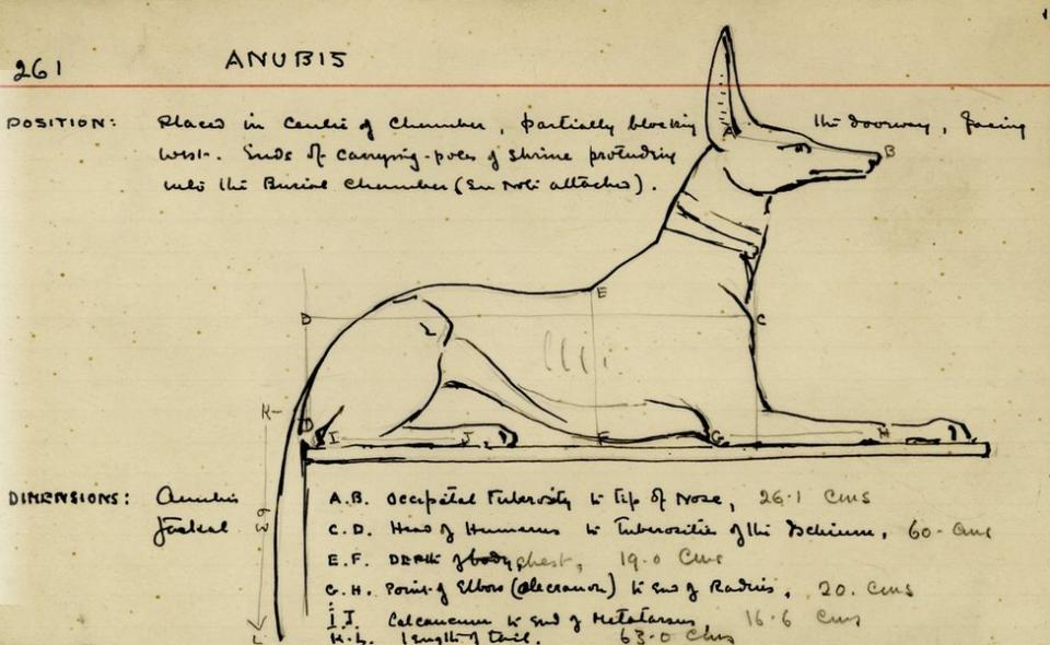 Dibujo de Howard Carter de una estatua de Anubis