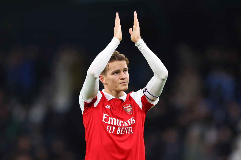 MANCHESTER, ENGLAND - JANUARY 27: Martin Odegaard of Arsenal applauds the fans at full time during the Emirates FA Cup Fourth Round match between Manchester City and Arsenal at Etihad Stadium on January 27, 2023 in Manchester, England. (Photo by Robbie Jay Barratt - AMA/Getty Images)