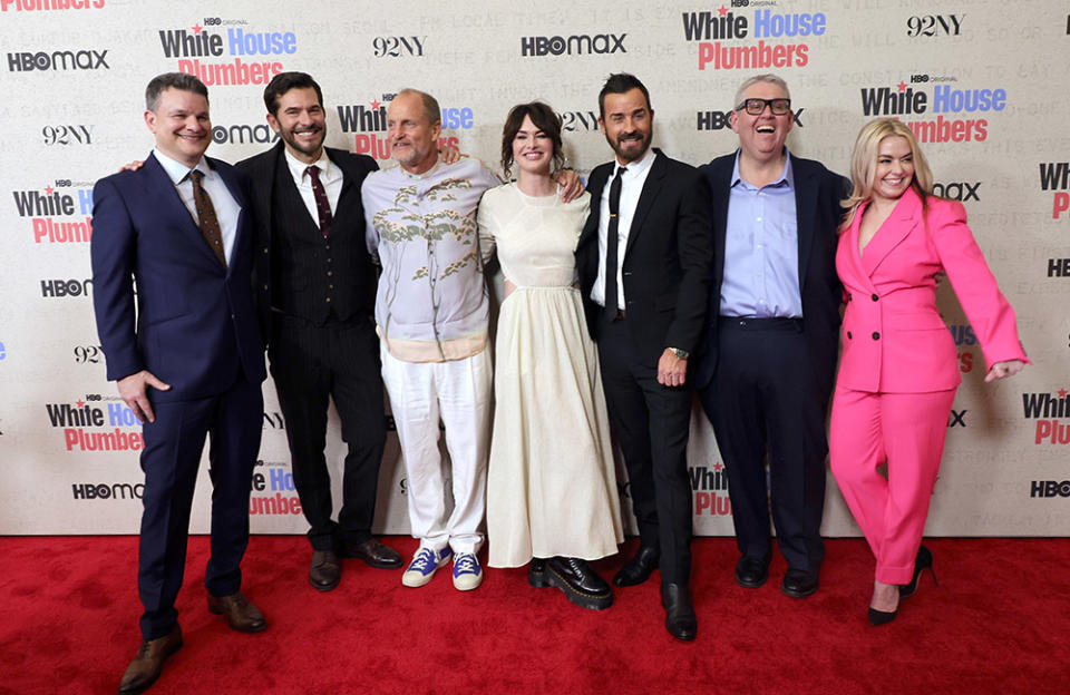Alex Gregory, Peter Huyck, Woody Harrelson, Lena Headey, Justin Theroux, David Mandel and Kathleen McCaffrey attend HBO's "White House Plumbers" New York Premiere at 92nd Street Y on April 17, 2023 in New York City.