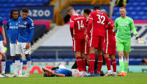 LIVERPOOL, ENGLAND - OCTOBER 17: Richarlison of Everton goes down injured during the Premier League match between Everton and Liverpool at Goodison Park on October 17, 2020 in Liverpool, England. Sporting stadiums around the UK remain under strict restrictions due to the Coronavirus Pandemic as Government social distancing laws prohibit fans inside venues resulting in games being played behind closed doors. (Photo by Peter Byrne - Pool/Getty Images)