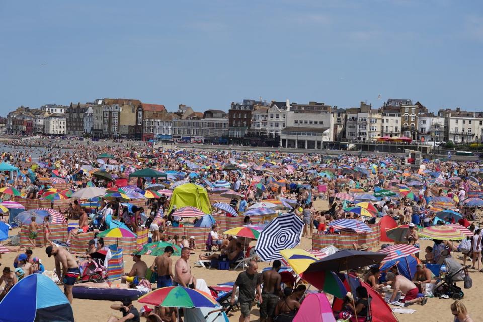 People on a crowded Margate beach in Kent (Gareth Fuller/PA) (PA Wire)