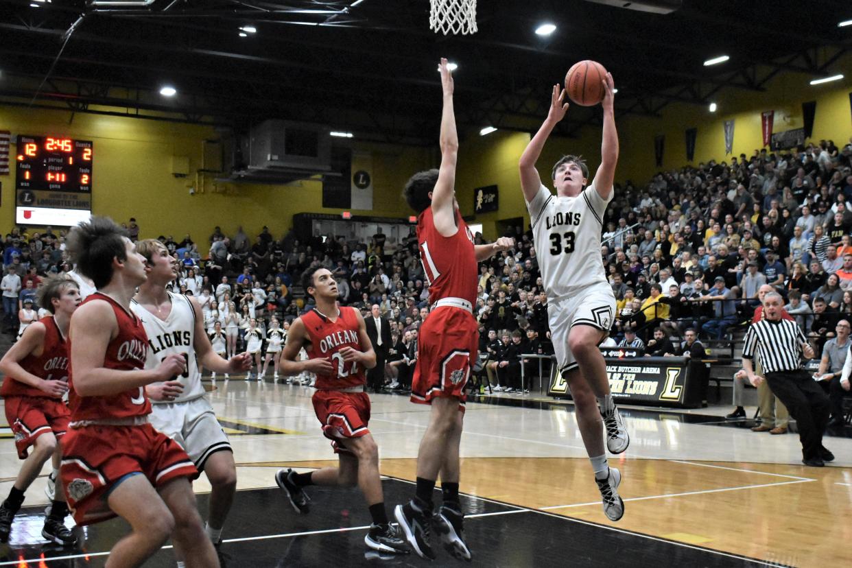 Peyton Bledsoe gets to the rack against Orleans for a layup.