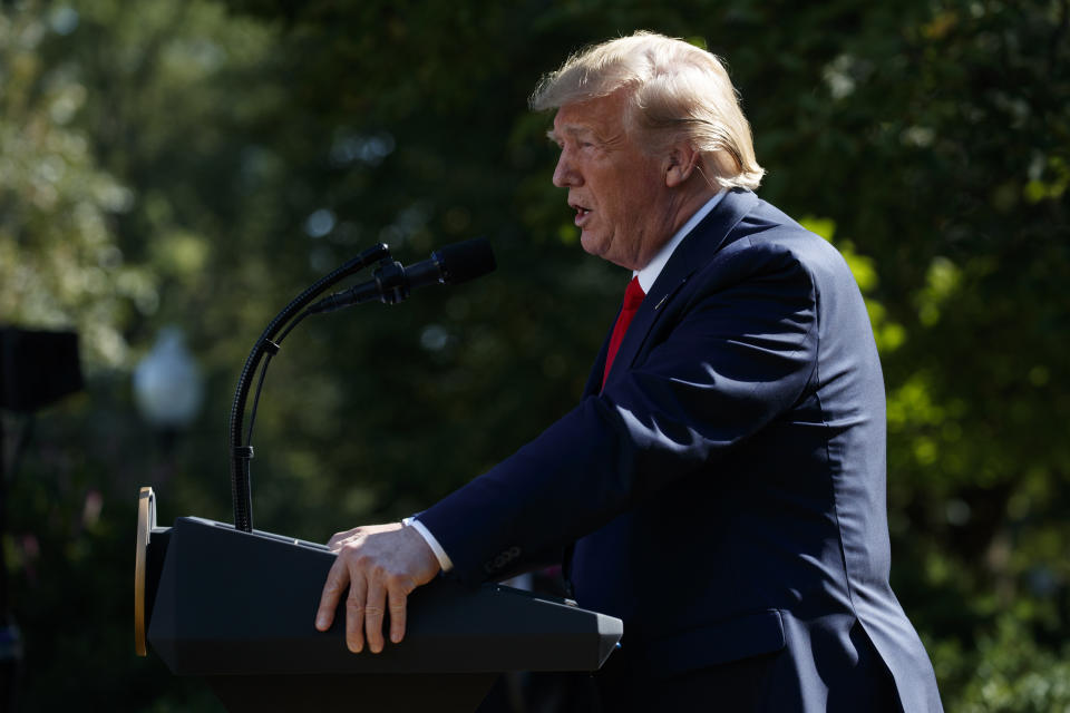 President Donald Trump announces the establishment of the U.S. Space Command during an event in the Rose Garden of the White House, Thursday, Aug. 29, 2019, in Washington. (AP Photo/Evan Vucci)