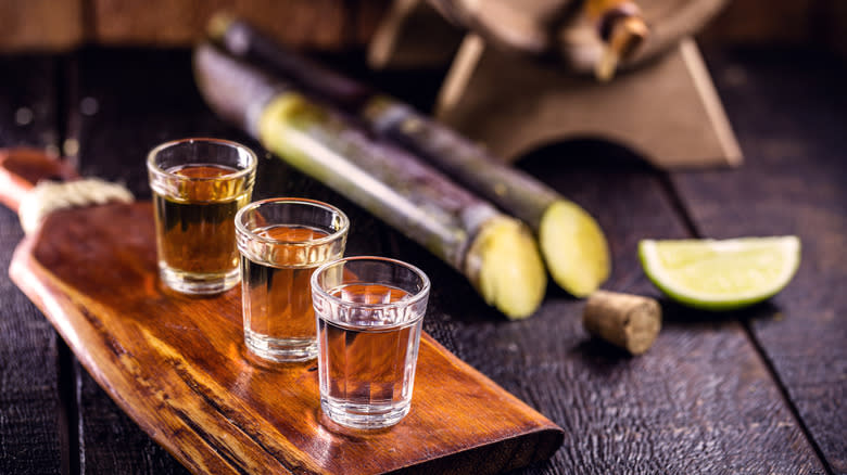 Shot glasses of rum or cachaca 