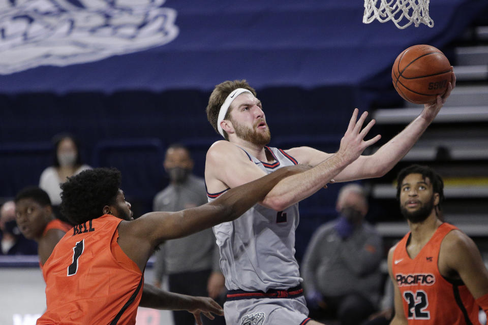 Gonzaga forward Drew Timme shoots while pressured by Pacific forward Jordan Bell, left, during the first half of an NCAA college basketball game in Spokane, Wash., Saturday, Jan. 23, 2021. (AP Photo/Young Kwak)