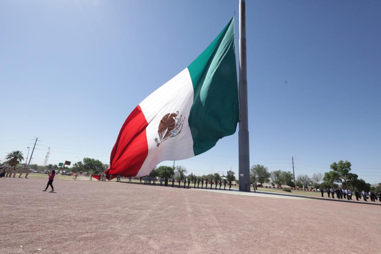 The giant Mexican mega-flag goes up at the Chamizal Park in Juárez, Mexico. File art.