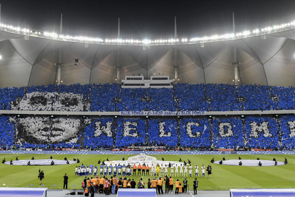 Saudi fans welcome Brazilian national team and its historical top scorer, and the star of Paris Saint-Germain, Neymar Jr, as he attends the official unveiling as a new member of Saudi Al Hilal club at King Fahd Stadium in Riyadh, Saudi Arabia, Saturday, Aug. 19, 2023. Al Hilal club reached an agreement on the transfer of the Brazil forward for a reported 90 million euros ($98 million), a record for a league that is now financially backed by the oil-rich state. (AP Photo)