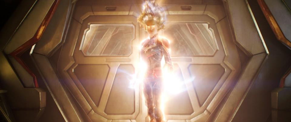 Carol Danvers glowing as she floats in Captain Marvel