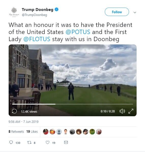 President Donald Trump's golf resort in Ireland began posting videos on social media of Trump playing golf and arriving there aboard Marine One within minutes of his departure Friday. (Photo: Twitter)