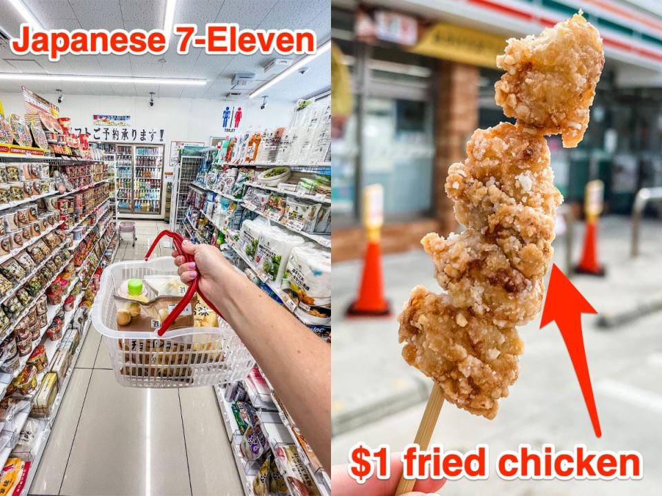 aisle of a japanese 7-eleven on the left, fried chicken skewer on the right