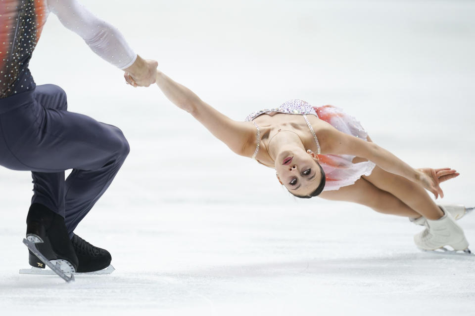 Lucrezia Beccari and Matteo Guarise of Italy perform in the pair's short program during the ISU Grand Prix of Figure Skating - NHK Trophy in Kadoma, near Osaka, Japan, Friday, Nov. 24, 2023. (AP Photo/Tomohiro Ohsumi)