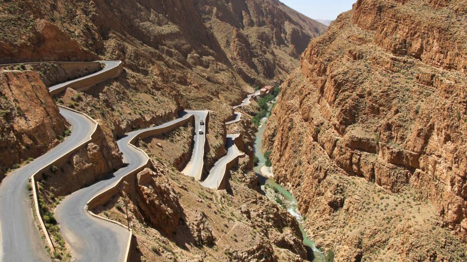 <p>The Dadès Gorges is a passageway that runs between the Atlas Mountains and the Jbel Saghro of the Anti-Atlas mountain range, in Morocco. The road carves through beautifully arid, North African landscape.</p>