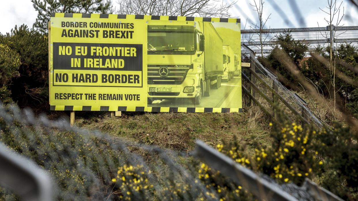 Ein Schild gegen den Austritt des Vereinigten Königreichs aus der EU an der Grenze zwischen Irland und Nordirland. Foto: Mariusz Smiejek