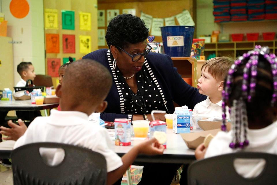 Savannah Chatham County Public Schools Superintendent Ann Levett sits with a 3-year- old student in the Acorn Academy at Gould Elementary School Wednesday morning on the first day of school for the 2022-23 school year. Gould has 22 3-year-olds in the new Pre-K 3 program.