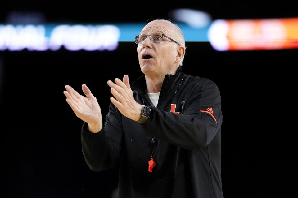 Miami head coach Jim Larranaga watches practice for their Final Four college basketball game in the NCAA Tournament on Friday, March 31, 2023, in Houston. Connecticut and Miami play on Saturday. (AP Photo/Godofredo A. Vasquez)