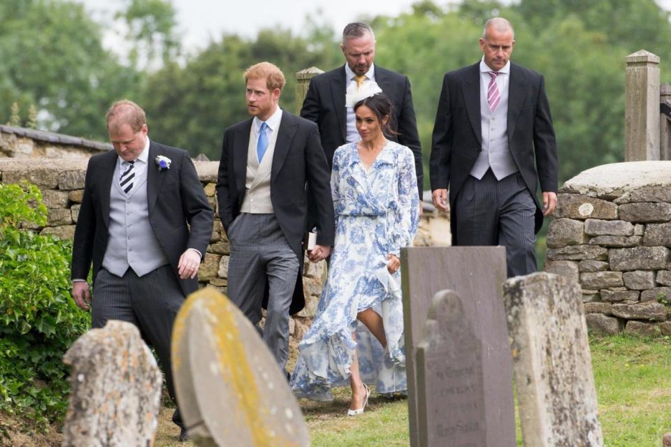 Duchess of Sussex and Prince Harry arriving for the wedding of Celia McCorquodale and George Woodhouse (Rex Features)