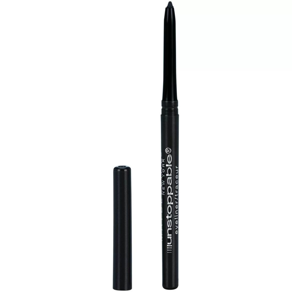 Black eyeliner tube and cap against a white background