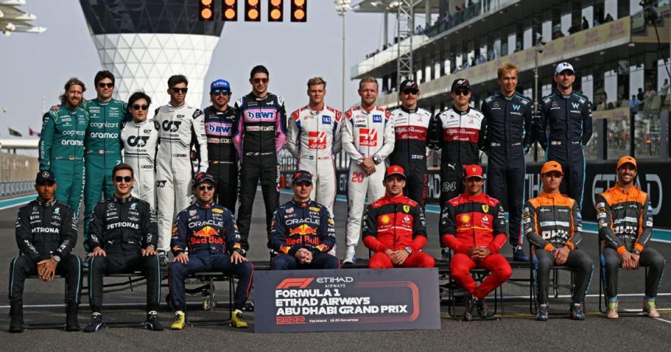 The Formula 1 2022 drivers, pictured at the Abu Dhabi Grand Prix. Yas Marina, November 2022. F1 height Credit: Alamy