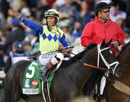 May 6, 2017; Louisville , KY, USA; John Velazquez aboard Always Dreaming (5) celebrates after winning the 2017 Kentucky Derby at Churchill Downs. Mandatory Credit: Jamie Rhodes-USA TODAY Sports