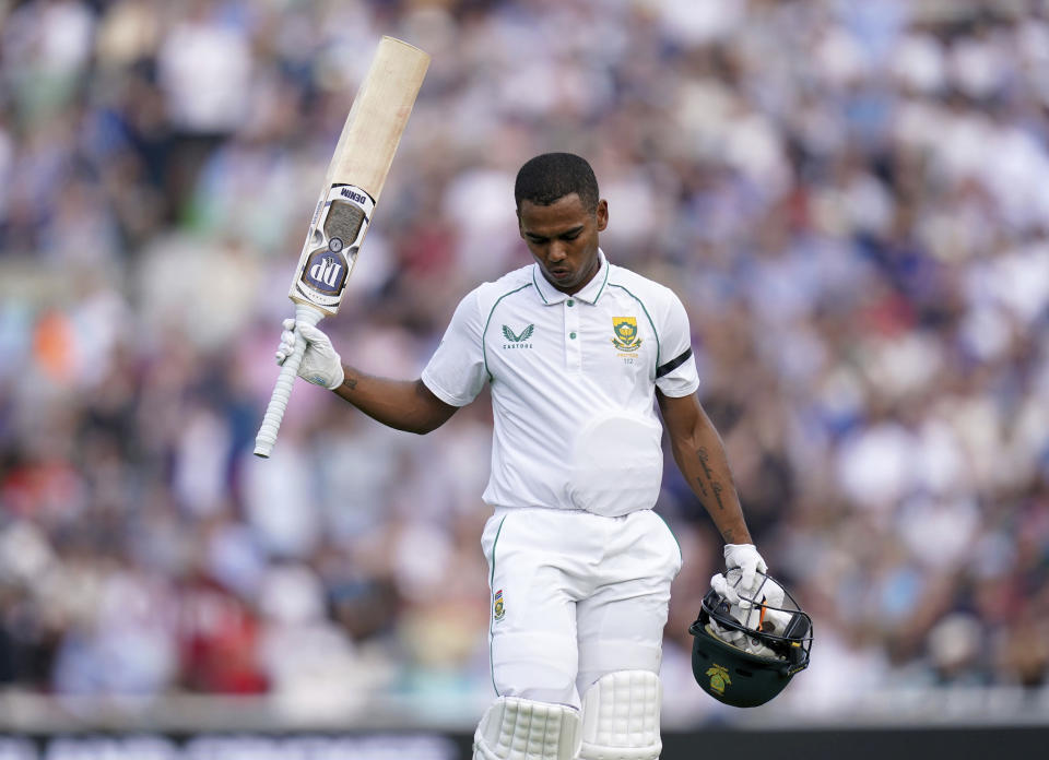 South Africa's Keegan Petersen leaves the field after being dismissed by England's Ollie Robinson on day three of the third LV= Insurance Test match at the Kia Oval, London, Saturday Sept. 10, 2022. (John Walton/PA via AP)