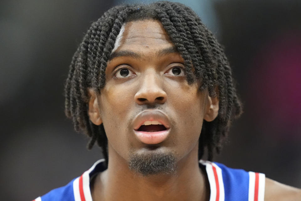 Philadelphia 76ers guard Tyrese Maxey looks on during the first half of an NBA basketball game against the Utah Jazz, Thursday, Feb. 1, 2024, in Salt Lake City. (AP Photo/Rick Bowmer)