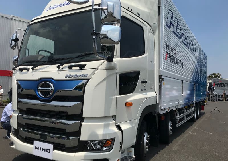 Hino Motors Ltd displays its new Hybrid Profia, a diesel-hybrid version of its large commercial truck model at its R&D Centre at Hino in Tokyo