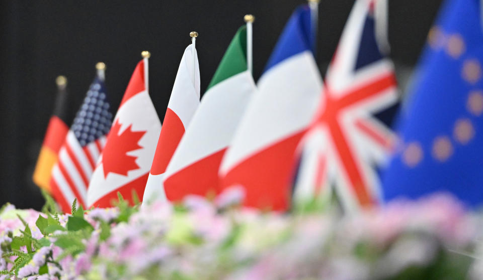 National flags of countries that participated in the B7 (the business side of G7) Tokyo Summit 2023 are seen at Keidanren Kaikan in Tokyo on April 20.<span class="copyright">Yomiuri Shimbun/AP</span>