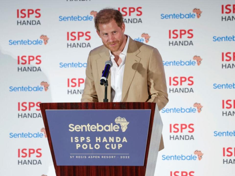 Prince Harry speaks at the Sentebale charity polo match.