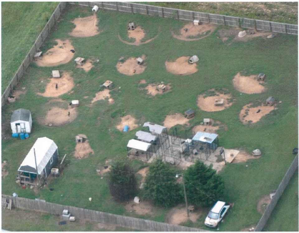 An overhead surveillance image of a South Carolina dog breeding operation allegedly connected to dogfighting included in a search warrant from a 2022 dogfighting bust.