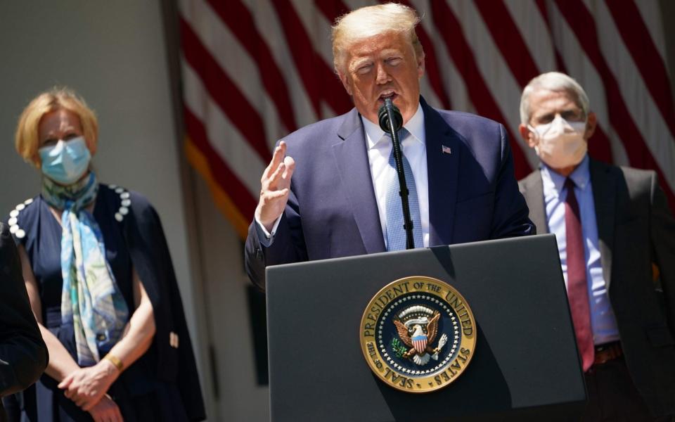 Dr Anthony Fauci, pictured behind President Donald Trump in a May press conference, said the results were 'encouraging' - AFP