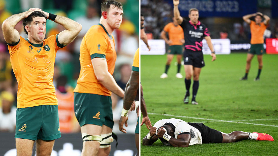 The Wallabies, pictured here after their first-ever loss to Fiji at the Rugby World Cup.