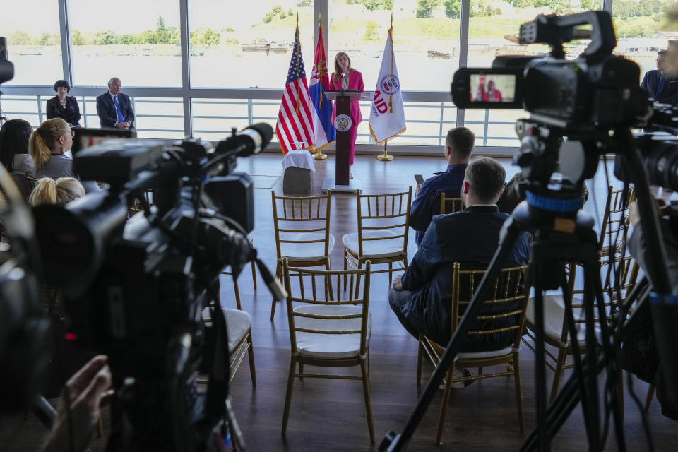 U.S. Agency for International Development (USAID) Administrator Samantha Power addresses the media after talks with Serbia's top officials in Belgrade, Serbia, Wednesday, May 10, 2023. Power arrived in Belgrade for the start of a week long visit to Serbia and Kosovo. (AP Photo/Darko Vojinovic)