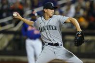 Seattle Mariners' Geroge Kirby pitches during the first inning of a baseball game against the New York Mets, Saturday, May 14, 2022, in New York. (AP Photo/Frank Franklin II)