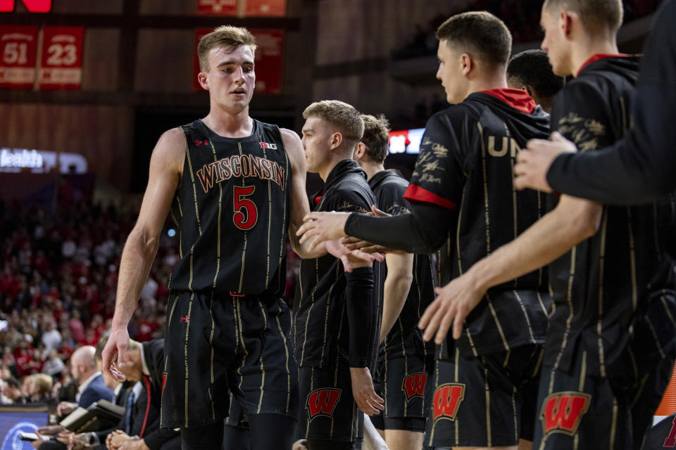 Wisconsin's Tyler Wahl (5) fouls out against Nebraska in overtime during an NCAA college basketball game Saturday, Feb. 11, 2023, in Lincoln, Neb. (AP Photo/John Peterson)