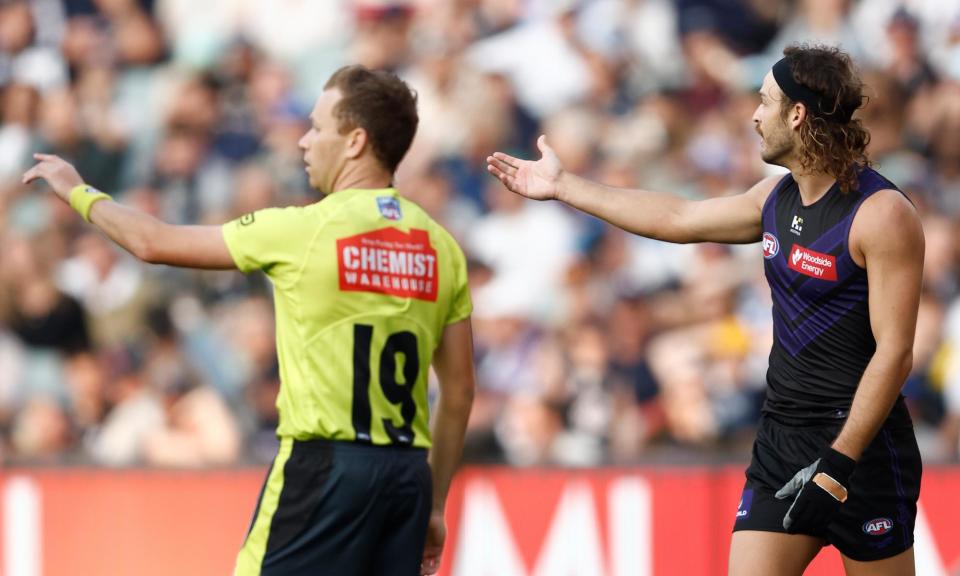 <span>James Aish appeals to umpires in Fremantle’s controversial Gather Round defeat to Carlton. </span><span>Photograph: Michael Willson/AFL Photos/Getty Images</span>