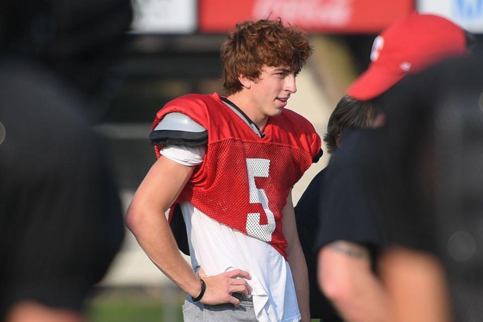 Landon Dulaney (5) watches from the sideline at Brandon Valley High School in Brandon, South Dakota on Friday, Aug. 18, 2023. Dulaney missed last season due to a back injury but is expected to play a big role in the teamÕs offense.