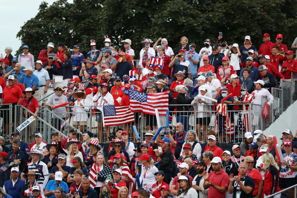 Fans in the crowd on the first tee during the first round of the Solheim Cup at the Inverness Club on September 04, 2021, in Toledo, Ohio. (Photo by Maddie Meyer/Getty Images)