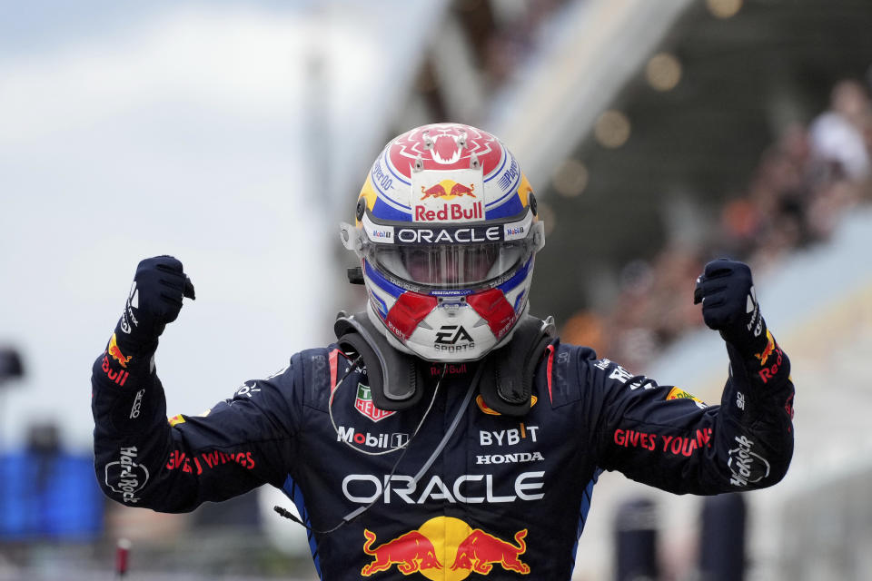 Red Bull Racing driver Max Verstappen, of the Netherlands, celebrates after winning the Formula 1 Canadian Grand Prix auto race in Montreal, Sunday, June 9, 2024. (Christinne Muschi/The Canadian Press via AP)