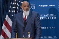 Executive Director of the Major League Baseball Players Association Tony Clark speaks during a news conference at the Press Club in Washington, Wednesday, Sept. 7, 2022. (AP Photo/Jose Luis Magana)