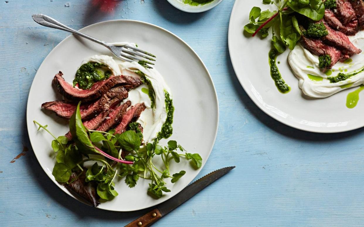 Juicy, tender bavette steak with a punchy green sauce and cooling yogurt - Steven Joyce