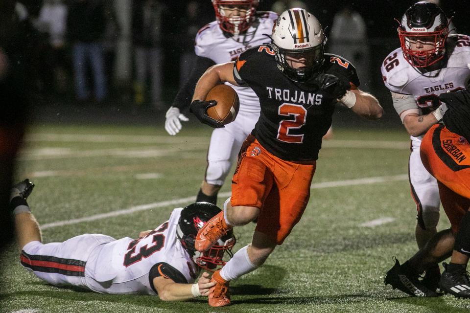 York Suburban's Mikey Bentivegna scores a touchdown during a YAIAA Division II football game against Dover at York Suburban High School, Friday, September 30, 2022. The Eagles won, 35-21.