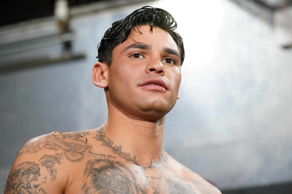 DALLAS, TEXAS - APRIL 09: Ryan Garcia looks on during a media workout at World Class Boxing Gym on April 09, 2024 in Dallas, Texas. (Photo by Sam Hodde/Getty Images)