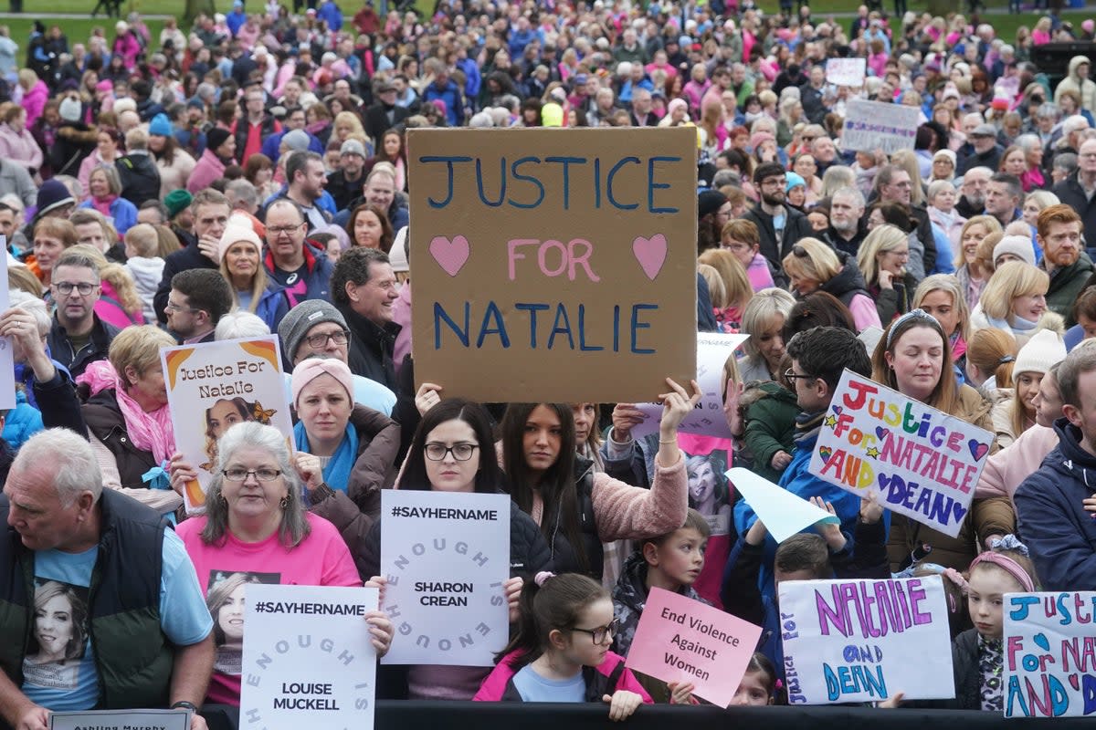 28 January 2023: People at a vigil at Lurgan Park in Lurgan, Co Armagh in memory of murder victim Natalie McNally and opposing violence against women (PA)