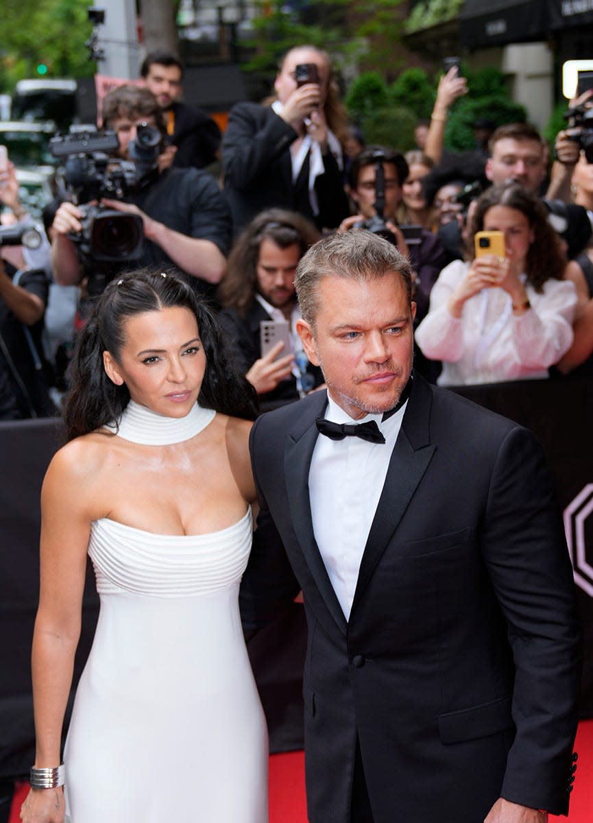 Luciana Barroso and Matt Damon leave The Mark Hotel for the Met Gala, the annual fundraising gala held for the benefit of the Metropolitan Museum of Art in New York. This year's theme for the gala was 'The Garden of Time.'.