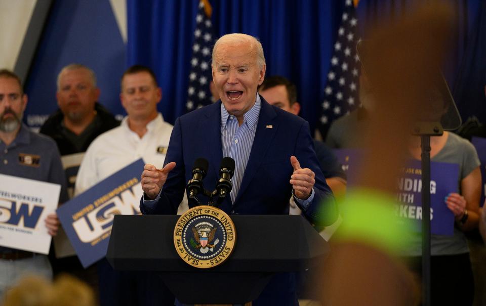 President Joe Biden speaks to members of the United Steel Workers Union at the United Steel Workers Headquarters on April 17, 2024 in Pittsburgh, Pennsylvania. Biden announced new actions to protect American steel and shipbuilding industries including hiking tariffs on Chinese steel.