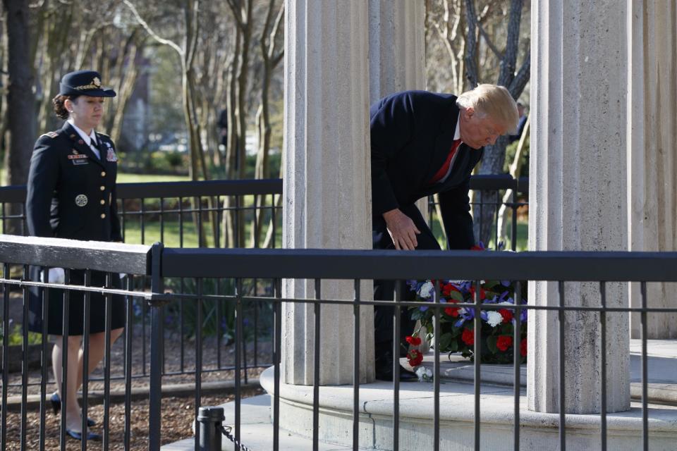 President Donald Trump lays a wreath at the Hermitage, the home of President Andrew Jackson, to commemorate Jackson's 250th birthday, Wednesday, March 15, 2017, in Nashville, Tenn. (AP Photo/Evan Vucci)