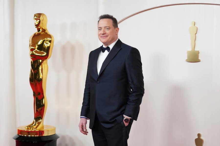 Brendan Fraser arrives at the Oscars on Sunday, March 10, 2024, at the Dolby Theatre in Los Angeles. (Photo by Jordan Strauss/Invision/AP)