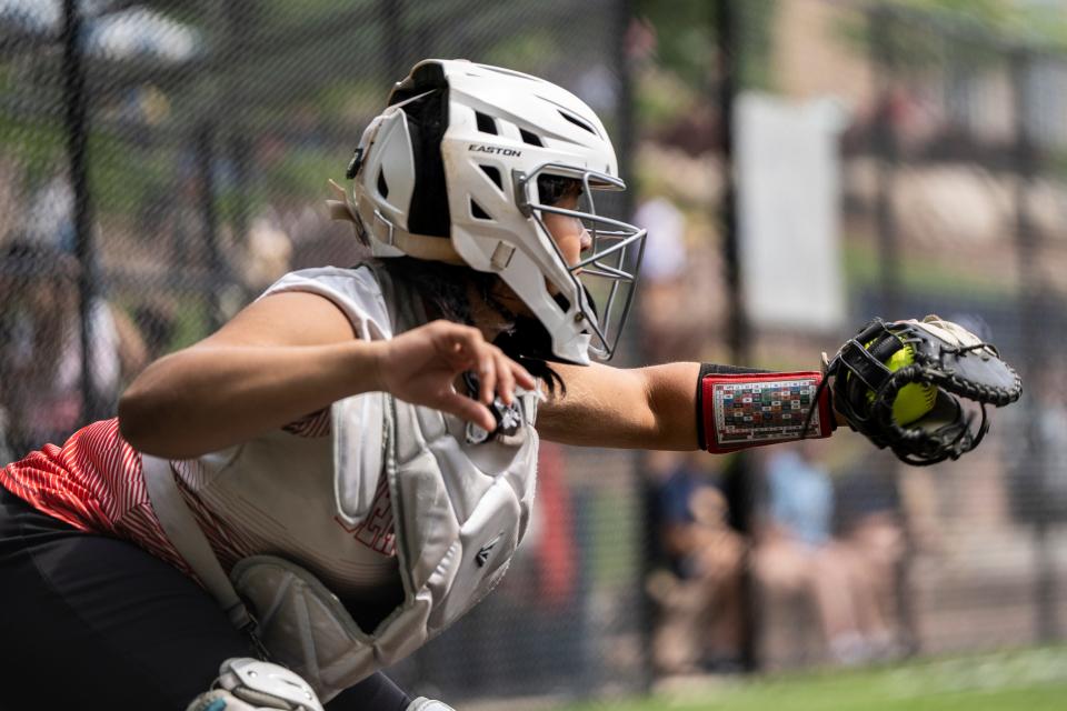 B #10 Adrianna Mendoza catches the ball. Emerson plays Bergenfield in the Bergen County Tournament Quarterfinals at IHA in the Township of Washington on Saturday, May 13, 2023. 
